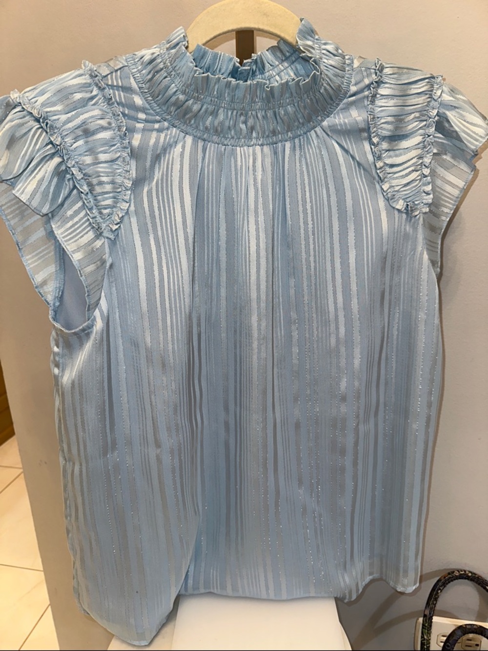 Calvin Klein Pale Blue Ruffle Mock-Neck Sleeveless Blouse
